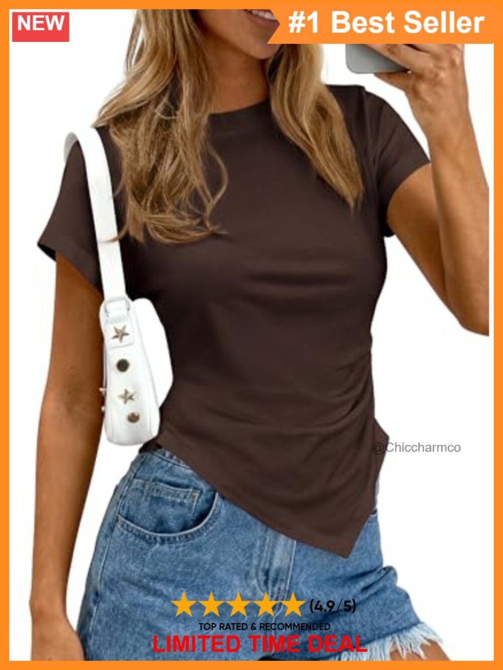 Women's Asymmetrical Short Sleeve Top Cotton Blend Crew Neck Slim Fit Summer Tee